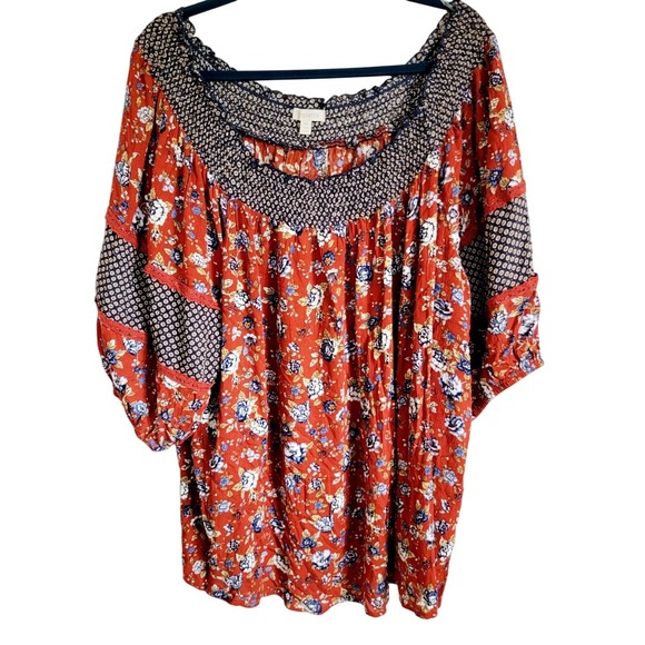 Loralette 4X Blouse Women's Red Boho 3/4 Sleeve Multicolor Smocked Artsy NWT $44 - Picture 1 of 10